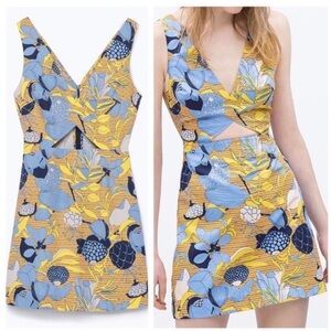 Zara Trafaluc Floral Print Dress in Blue & Mustard